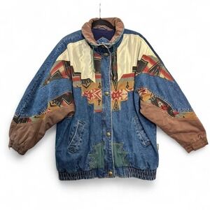 Vintage Izzi Rugged Southwestern Denim Jacket Aztec Blanket Coat Sz L Tapestry